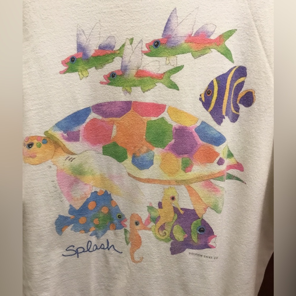 Hanes White Tee with Multicolor Sea Turtle, Seahorse & Fish Print. 100% Cotton.